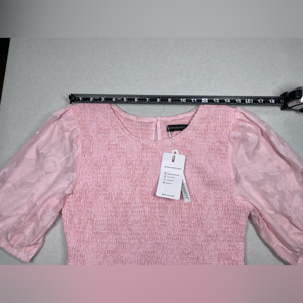 Merokeety Pink Short Puff Sleeve Midi-Dress Floral Design. Size Medium - Picture 14 of 14